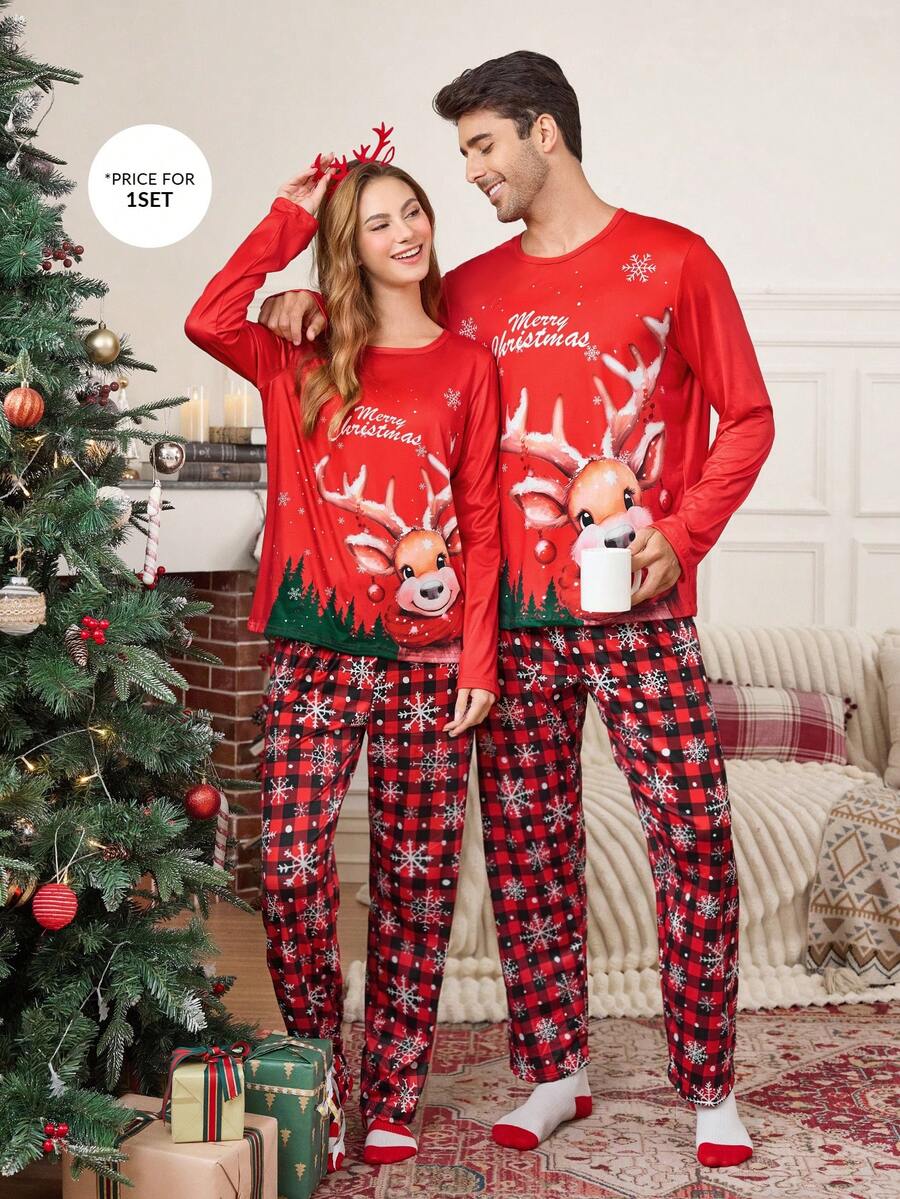 CoupledUp Bộ đồ ngủ nam dài tay họa tiết kẻ caro và bông tuyết họa tiết Giáng sinh, quần dài thường ngày, quần áo mùa đông - Đỏ - Xem 1