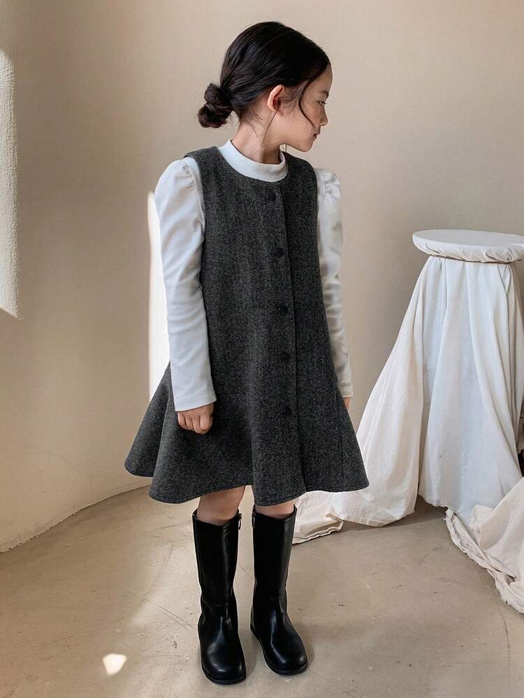 Young Girl' Round Neck Solid Color Sleeveless Layered Korean Style Dress