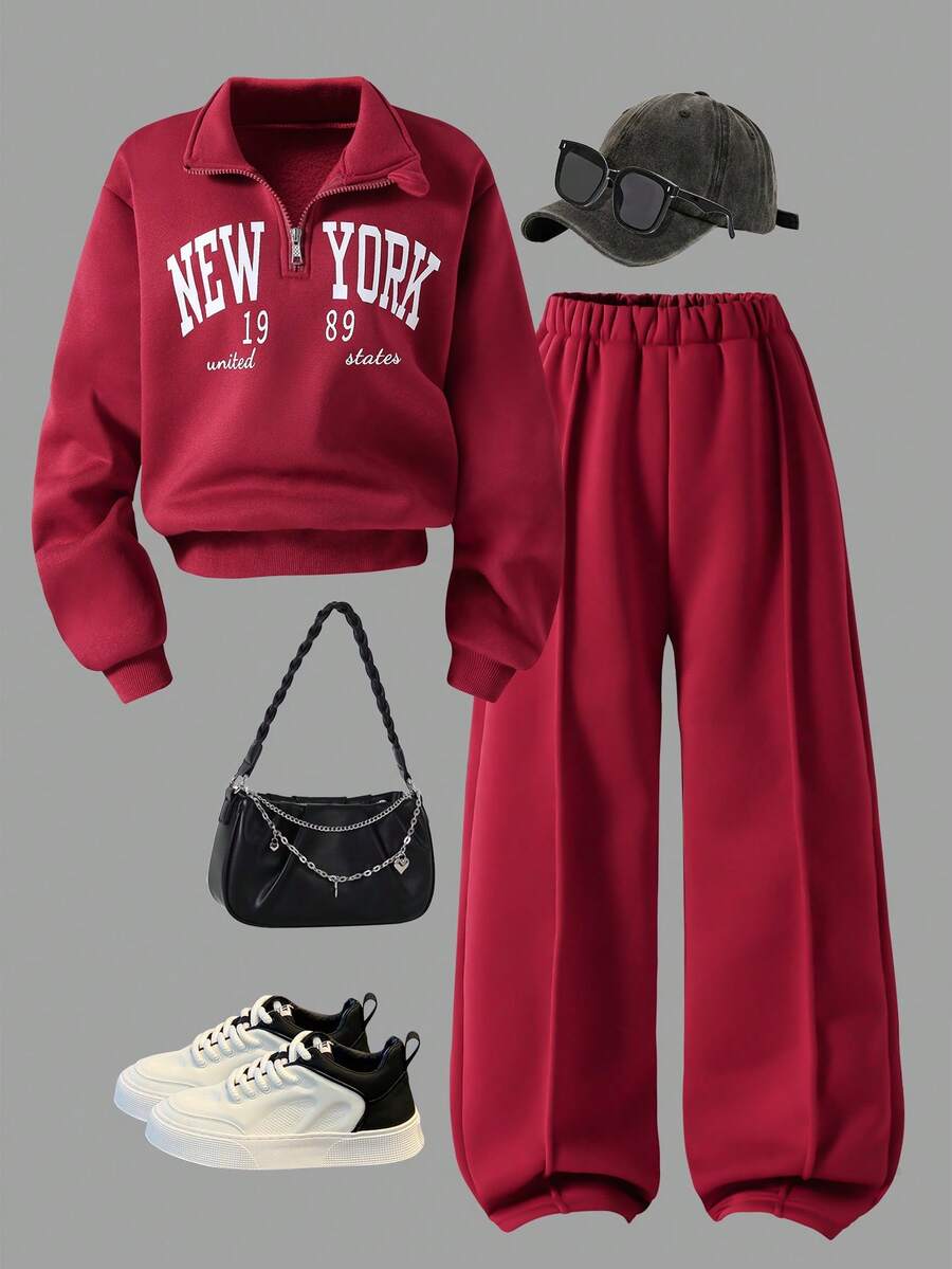 Sparklyn Set casual din 2 piese pentru fete preadolescente, hanorac și pantaloni scurți cu guler înalt și model New York, ținută călduroasă de campus pentru purtare zilnică, primăvară/toamnă/iarnă - roșu - Vizualizare 1