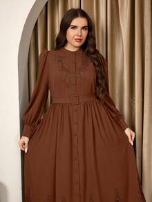 Graceveil Đầm ren dài tay màu trơn cỡ lớn thanh lịch thường ngày - Rỉ Nâu - Xem 4