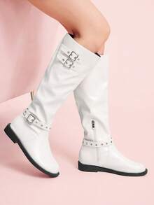 CUCCOO DOLLMOD 女式中筒靴，圆头金属扣，时尚经典百搭 - 白色 - 查看 3