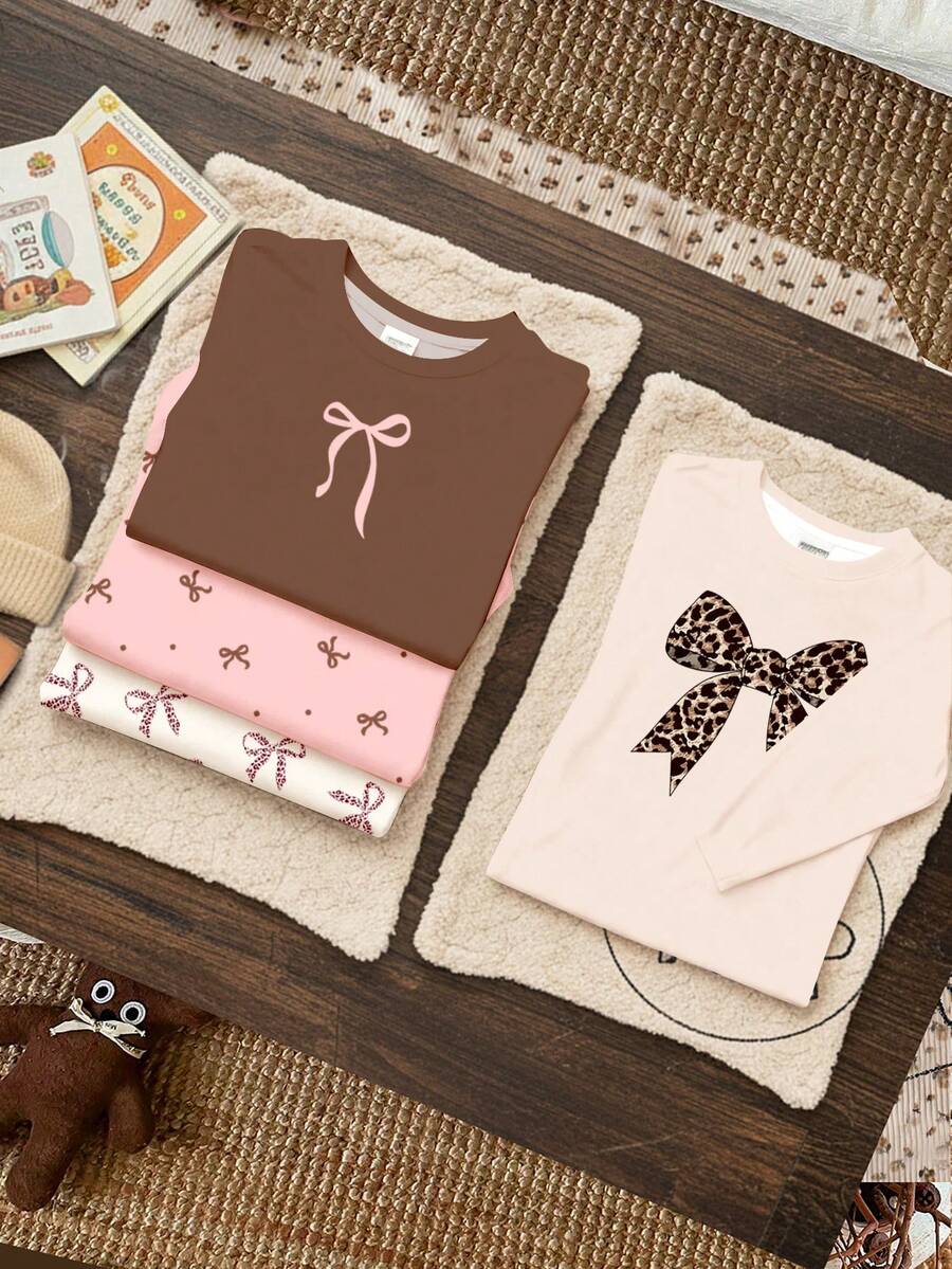 SHEIN Bộ 4 chiếc/Bộ màu trắng kem, kem be, kem hồng, nơ da báo cổ điển, nơ chấm bi mini họa tiết thường ngày, áo thun dài tay ấm áp cổ tròn, thích hợp mặc hàng ngày vào mùa thu/đông, thoải mái dễ chịu, nhiều lớp áo mùa thu & đông cho bé gái, trẻ em sành điệu, trang phục thường ngày, áo thun họa tiết nơ trẻ em, quần áo mùa thu & đông, mùa thu sang trọng, thời trang mùa đông, phong cách mới - Nhiều màu - Xem 1