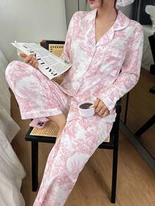Women's Bubble Wrinkle Print Cardigan Collar Pajama Set Pink Pajamas Set Soft Pajamas Set Long Sleeve Top & Pants Pajama Set Sleepwear Women Pajamas With Print, Fall & Winter Clothes Pajamas Women - Baby Pink - View 4