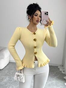 SHEIN Elenzya 女士复古蕾丝腰部装饰优雅时尚开衫毛衣 - 黃色 - 查看 3
