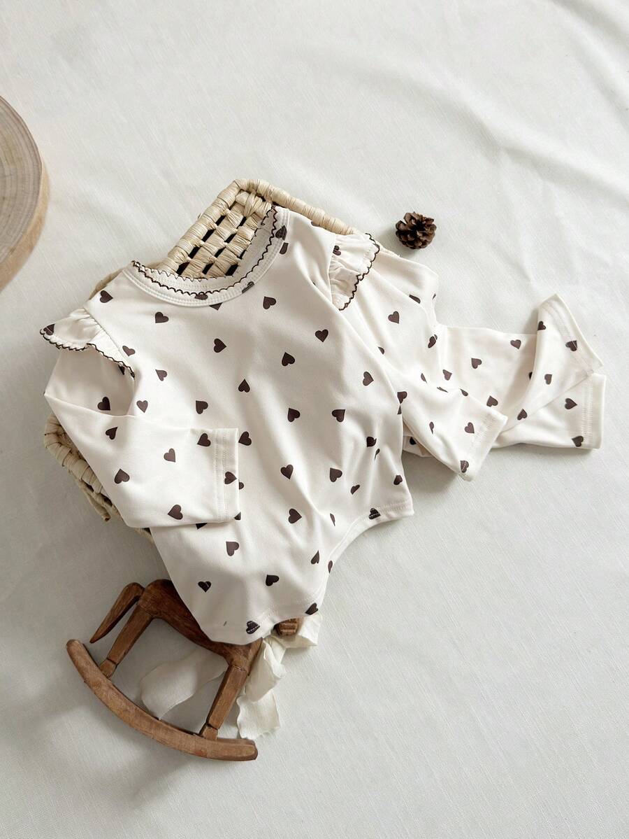 SHEIN 2pcs Baby Girl Fleece Heart Print Crew Neck Long Sleeve Top And Elastic Waist Heart Print Fleece Pants Casual Comfortable Autumn/Winter Matching Set - Apricot - View 1