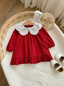 新生女宝宝可爱优雅红色彼得潘领长袖连衣裙