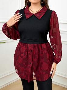 SHEIN Clasi 大码女式撞色网纱拼接优雅长袖上衣 - 紅色 - 查看 6