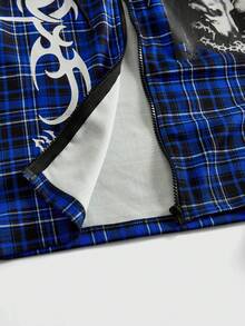 ROMWE MEN Street Life Sudadera con capucha con cremallera con estampado de cuadros y figuras en contraste para hombres, parte superior de manga larga - Azul - Ver 5
