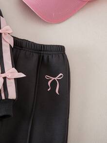 SHEIN 女婴可爱灰色蝴蝶结高领长袖卫衣长裤套装，秋冬款 - 灰色 - 查看 9