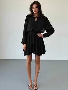 Aloruh Black Elegant French Date Dinner Date Music Festival Tie-Up Long Sleeve Ruffle Hem Mini Dress For Women Autumn - Black - View 7