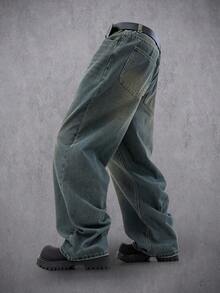 Manfinity Denimwave Quần jeans ống rộng Manfinity Streetstyle dáng rộng có túi rách phong cách Punk Punk Y2K màu xanh dương giặt axit dành cho nam - Rửa trung bình - Xem 4