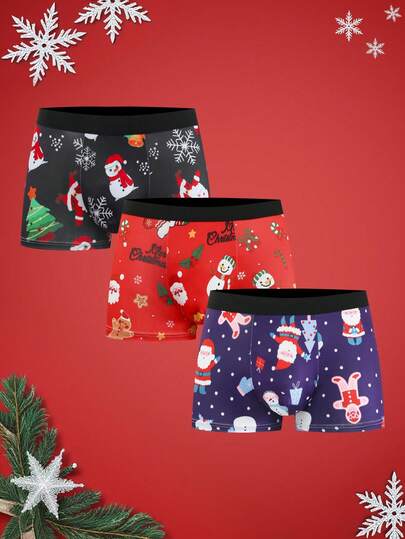 NotGurli 3 piezas Calzoncillos tipo bóxer para hombre con estampado navideño divertido de Papá Noel, caja de regalo, bastón de caramelo, campana, copo de nieve, muñeco de nieve para fiesta familiar