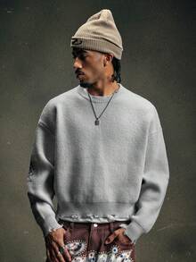 AXEPEAK Vintage Distressed Crew Neck Pullover Sweater For Men - Light Grey - View 4