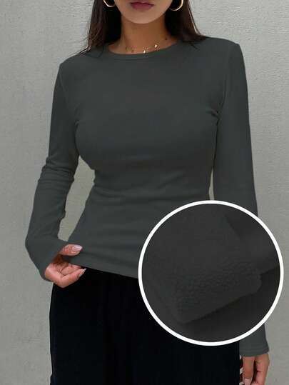 DAZY Camiseta de manga larga de cuello redondo minimalista de unicolor casual para mujer