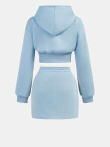 SHEIN Girlism 2pcs/Set Teen Girl All-Match Casual Varsity Jacket And Mini Skirt - Blue - View 2