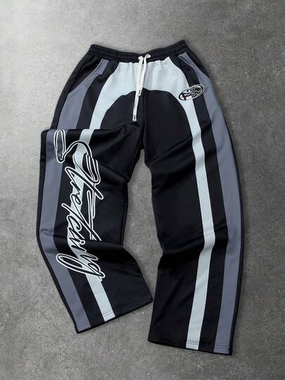 Street Life Pantalon de jogging unisexe à jambe droite avec patchwork de couleurs contrastées et imprimé anglais, style de rue, décontracté pour l'automne/l'hiver