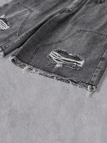 Manfinity Denimwave Men's Plain Frayed Edge Pocket Ripped Fashionable Denim Shorts Ripped Denim Shorts Men - Light Grey - View 3