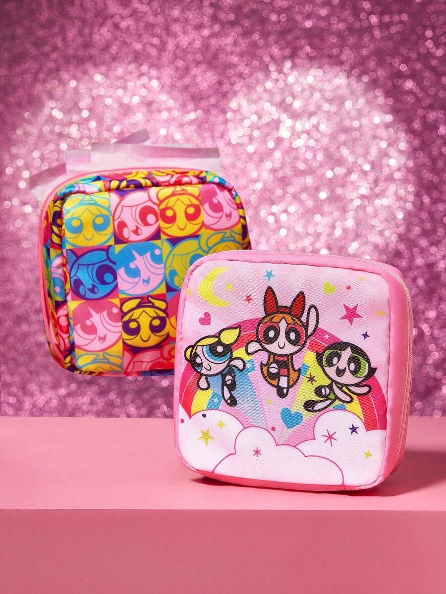 THE POWERPUFF GIRLS X SHEIN 1pc/1 Set Of Cartoon Print Storage Bags, Can Be Used As Feminine Hygiene Storage Bags, Digital Storage Bags, Small Object Storage Bags, Love, Friendship, Blossom, Bubbles, Buttercup,Gift Ideas - 彩色 - 查看 1