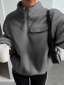 DAZY Women's Autumn High Neck Half-Zip Hem Sweatshirt Y2k - Grey - View 2