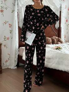 CottageSlumber 女士可爱碎花罗纹边长袖上衣和裤子浪漫碎花睡衣套装，秋冬服装 - 黑色 - 查看 3