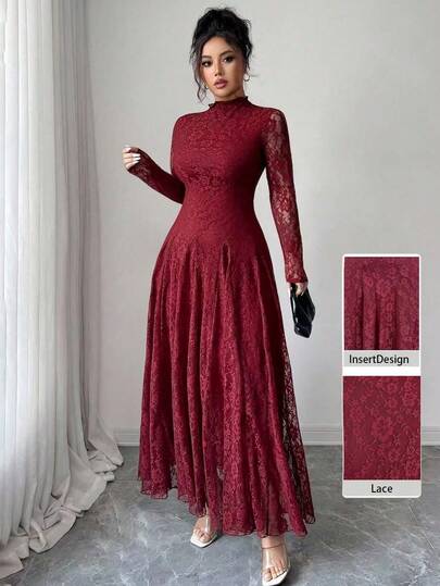 Modelyn Women's French Style Mock Neck Lace Cinched Waist Dress