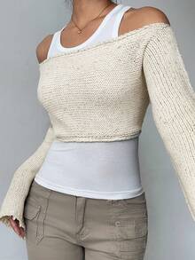 Flirla Women's Fashion Casual Off Shoulder Long Sleeve Knit Top - Beige - View 3