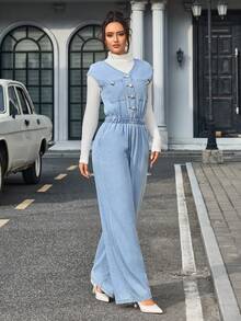 SHEIN Tall 女士V领纽扣半开襟休闲阔腿牛仔连体裤 - 藍色 - 查看 5