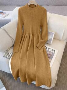 GlowEve Women's Fashionable High-End Chic Round Neck Knitted Cardigan And Slimming Casual Long Knitted Dress Two Pieces Set, Autumn/Winter - Yellow - View 6