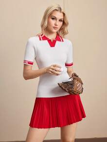 Cheerettes Women's Striped Polo Collar Short Sleeve Fitted Sweater Tennis Dress - White - View 5