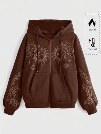 Hippie Women's Sun Print Drop Shoulder Long Sleeve Zip Front Pocket Drawstring Hoodie Sweatshirt