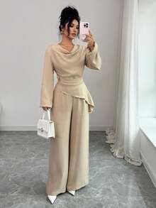 Elenzga 25+ 款女士优雅荷叶边肩部长袖收腰卡其色褶裥细节常规长度卡其色上衣和裤子套装，适合派对和冬季穿着 - 杏色 - 查看 4