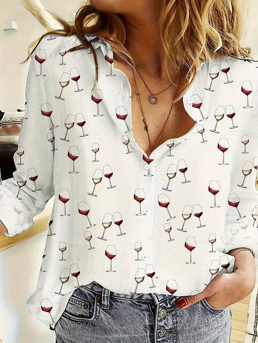 EMERY ROSE Women's White Casual Long Sleeve Shirt,Geometric Pattern Printed,Square Collar,Loose Fit Polyester Top,Smart Casual Everyday Autumn Office Dress - Multicolor - View 1