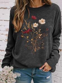 EMERY ROSE 干花刺绣艺术风格印花休闲大码长袖T恤