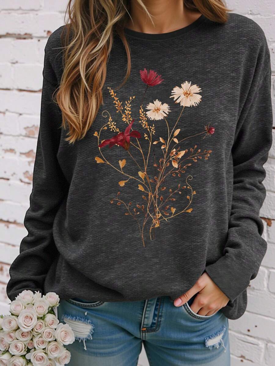 EMERY ROSE 干花刺绣艺术风格印花休闲大码长袖T恤