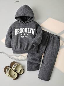 SHEIN 儿童男童休闲图案连帽衫，运动服，返校服，男童上衣，可爱上衣，基本款上衣，适合上学、度假、旅行、运动、秋冬