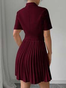 SHEIN PETITE Women's Double-Breasted Waist Fitted Blazer With A-Line Pleated Mini Skirt, Elegant & Romantic Business Suit Set