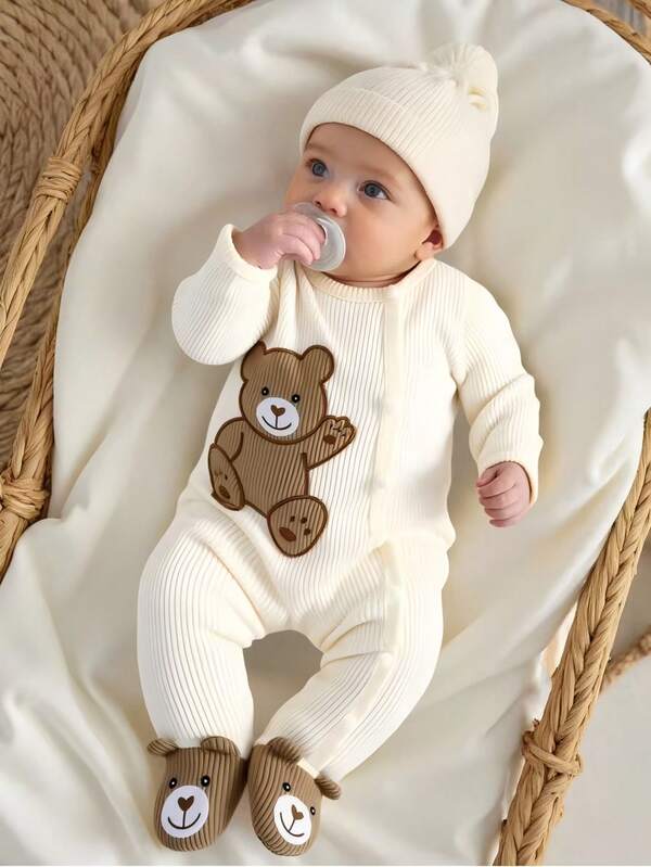SHEIN Newborn Baby Boy Beige Long Sleeved Patchwork Brown Teddy Bear Embroidered Bag Foot One-Piece Pants Fabric Comfortable, Fashionable And Casual Style Autumn And Winter New Item Fall