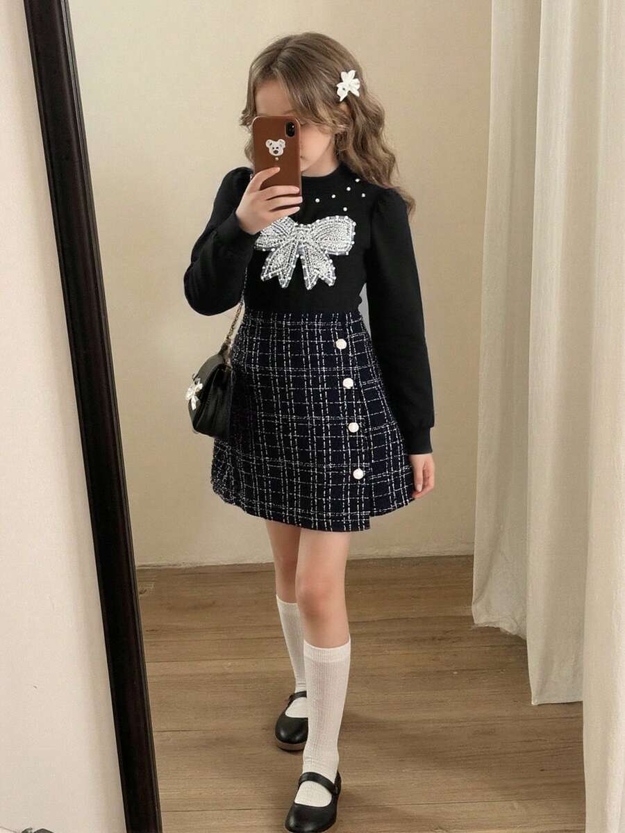 SHEIN 少女黑色串珠蝴蝶结装饰长袖上衣搭配黑色格子不对称下摆半身裙套装，时尚优雅，适合派对、活动和日常穿着。 - 黑色 - 查看 1