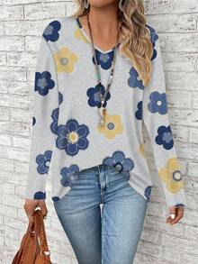 EMERY ROSE 音乐节及返校季印花V领宽松长袖T恤，适合大码女装，秋冬季穿着 - 彩色 - 查看 4