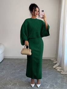 Elenzga Yellow Long Sleeve Top And Straight Skirt 2 Pieces Set, Elegant And Suitable For Party, Commute In Autumn/Winter - Green - View 4