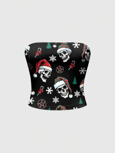 Goth Holiday Christmas Skeleton Colorful Lights Sexy Bandeau Top For Women