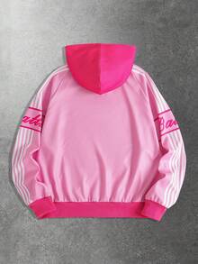 ROMWE MEN Prep Men's Striped & Printed Contrast Color Hooded Zip-Up Long Sleeve Casual Sweatshirt - Pink - View 2