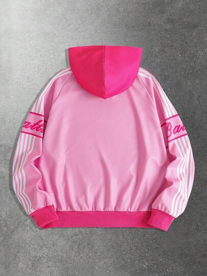 Sudadera casual con capucha, cremallera y mangas largas con rayas y estampado de color contrastante para hombre