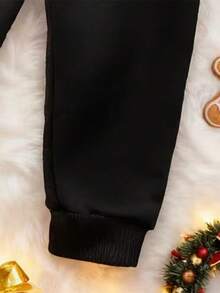 2 件套男婴圣诞服装，驯鹿和圣诞老人字母印花黑色连帽衫 + 羊毛裤，适合圣诞节、秋冬季 - 黑色 - 查看 4