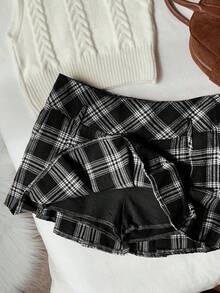 Comfortcana Chân váy chữ A xếp ly kẻ caro đa năng thanh lịch dành cho nữ - màu đen - Xem 5