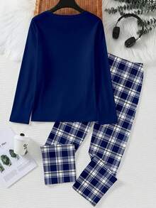 Tween Boy Casual Loose Long Loungewear, Classic Plaid Pattern, Cute Bear Print Snug Fit - Multicolor - View 2