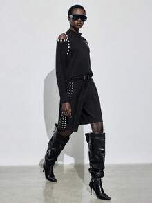 Maija Women's Black Knitted Fabric Long Sleeve Round Neck Regular T-Shirt With Rivet Cold Shoulder Detail Studded Top Black Western Top Black Sweater - Black - View 3