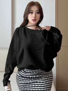 Dazy Plus 大码女式纯色不对称肩部宽松针织套头毛衣，秋冬季 - 黑色 - 查看 4