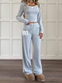 Teen Girls T-Shirt Co-Ords Lace Patchwork Long Sleeve T-Shirt Printed Pattern Drawstring Pants Set