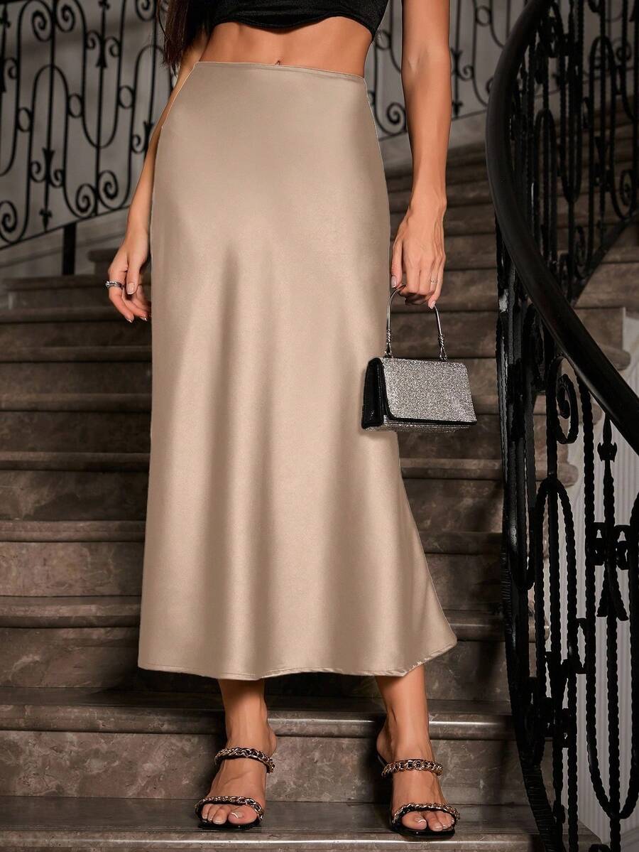 Glamine Chân váy dài dáng đuôi cá màu trơn dành cho nữ, chất liệu satin, kiểu dáng thanh lịch, phù hợp cho các buổi tiệc và mặc hàng ngày. - Màu be - Xem 1